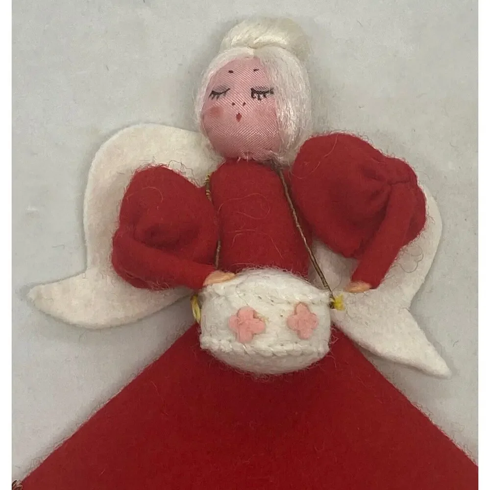 Vintage Christmas Angel 4 7/8” Figure Felt Red White Gold Wings Drum Decor